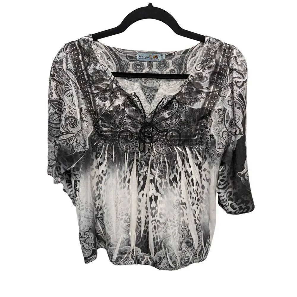 One World Floral Velvet Velour 3/4 Sleeve Boho Tunic Top Blouse Women's Petite X